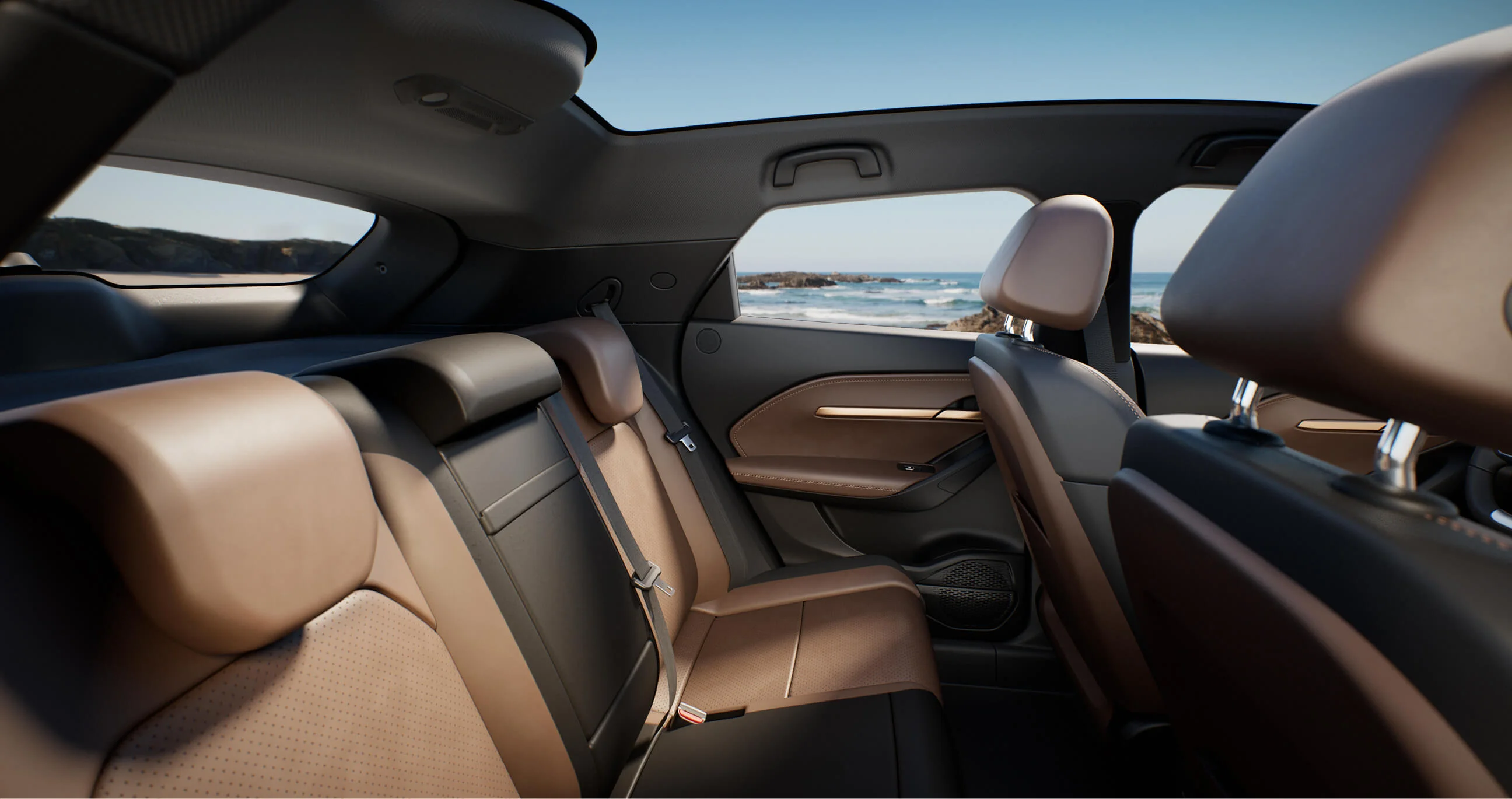 An inside look at the VF 6 with a spacious interior and brown and black vegan leather seating