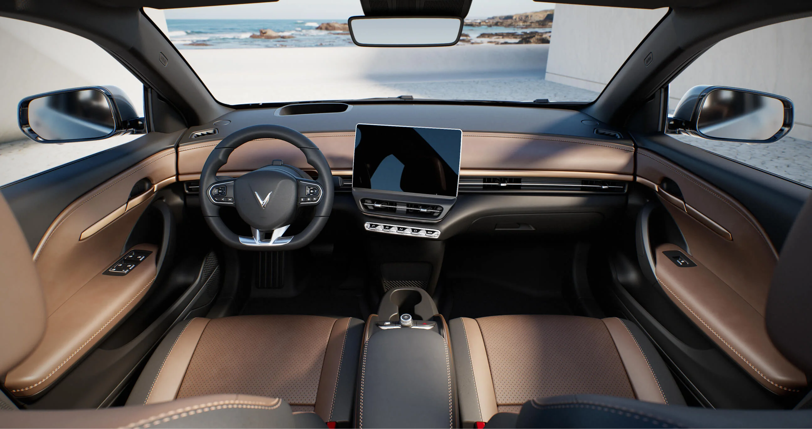 The VinFast VF 6 features a 12.9” infotainment display with a head-up display, a heated steering wheel, and a vegan leather interior